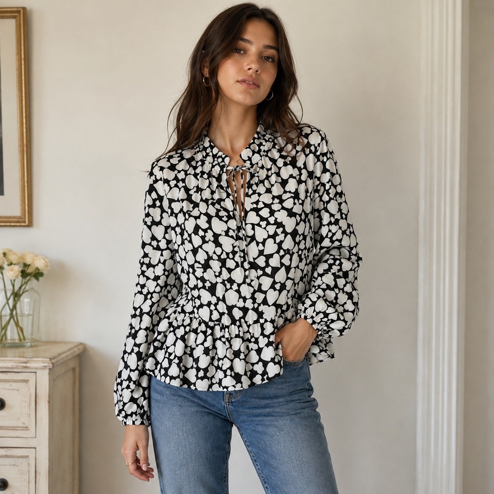 Pleione Black White Heart Print Peplum Blouse Ruffle Tie Neck M